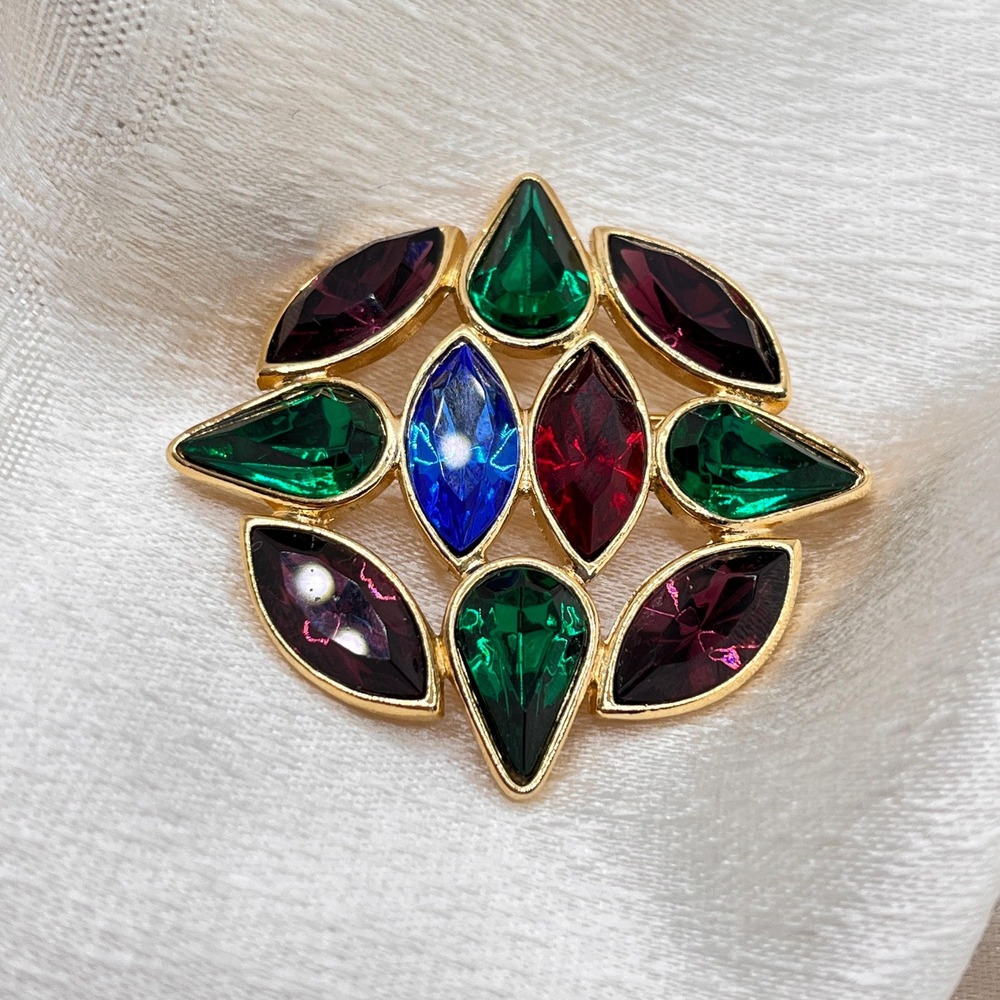 Vintage 1990s Multicolored Glass Rhinestone Gold Tone 1.75" Brooch